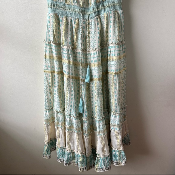 Soft Surroundings Aegean Tiered Boho Maxi Dress Metallic Gold Aqua Blue Cream M - Picture 3 of 11